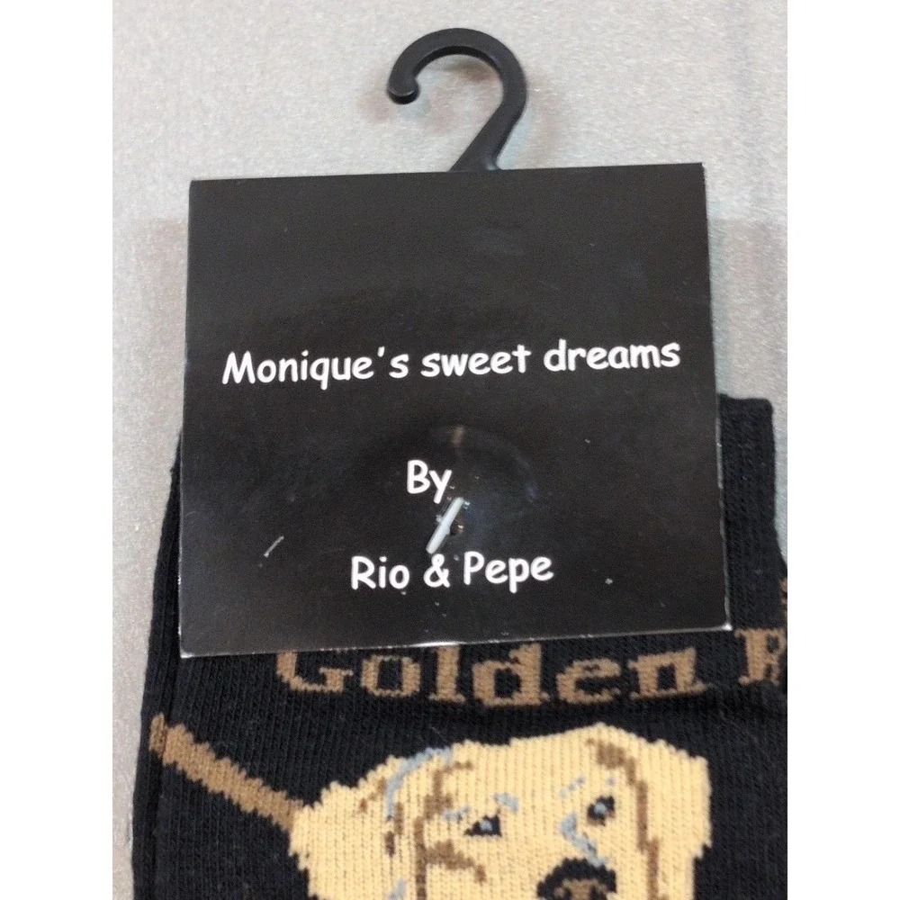 Monique's Sweet Dreams Golden Retriever Dog Socks Black Crew Size 9-11 NWT